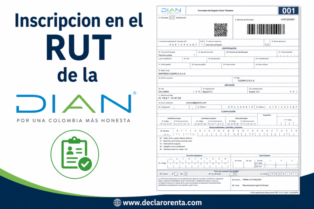 Poster promoting RUT enrollment with DIAN, showing large DIAN branding and form on the right, a green clipboard badge on the left, and the website www.declarorenta.com at the bottom.
