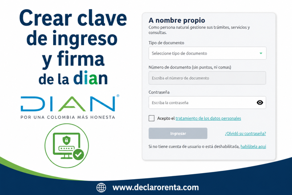 Slogan in large Spanish text about creating a key for DIAN, with the DIAN logo and a right-side login form panel.