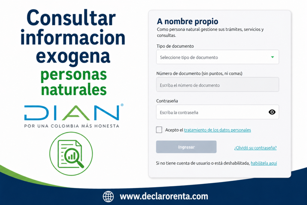 Banner promoting consultar información exógena para personas naturales con el logo de DIAN y la URL www.declarorenta.com a la derecha, sobre fondo blanco con curvas azules y verdes.