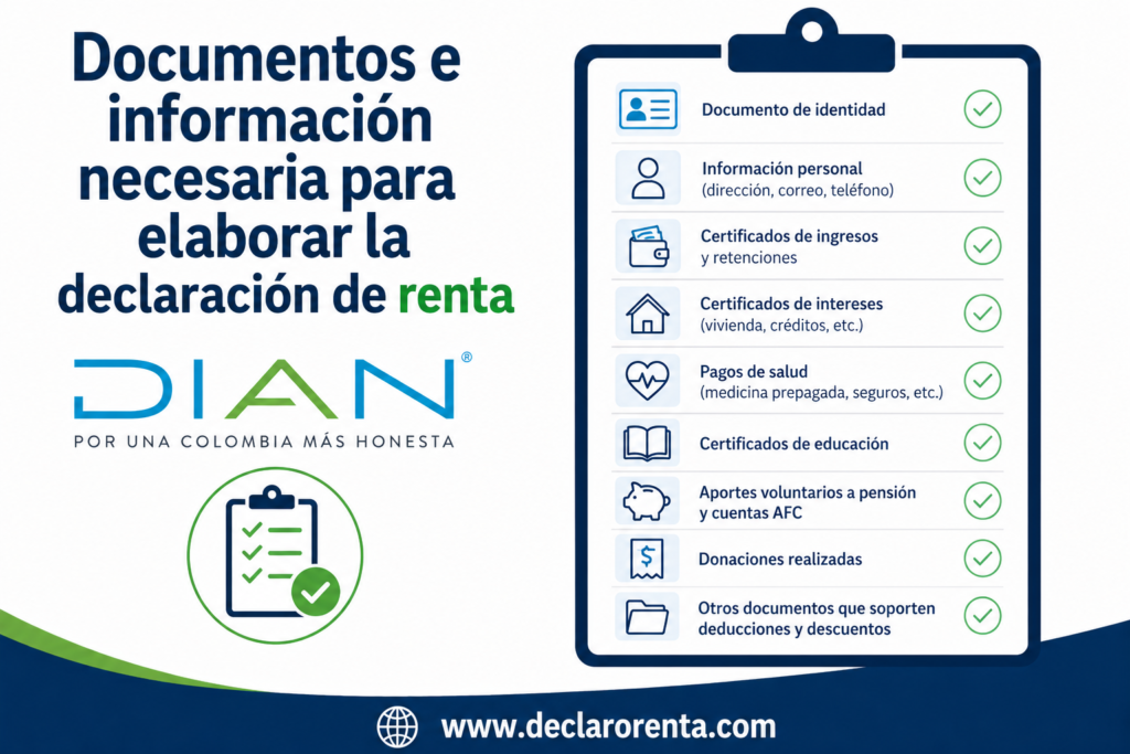Banner informativo en español sobre documentos necesarios para la declaración de renta, con una lista de comprobantes en un portapapeles azul y verificación verde.