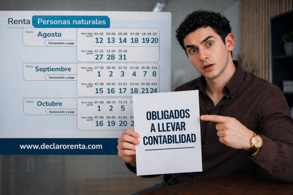 Hombre sostiene un documento con el texto 'OBLIGADOS A LLEVAR CONTABILIDAD' frente a un cartel grande de fechas de renta y septiembre.
