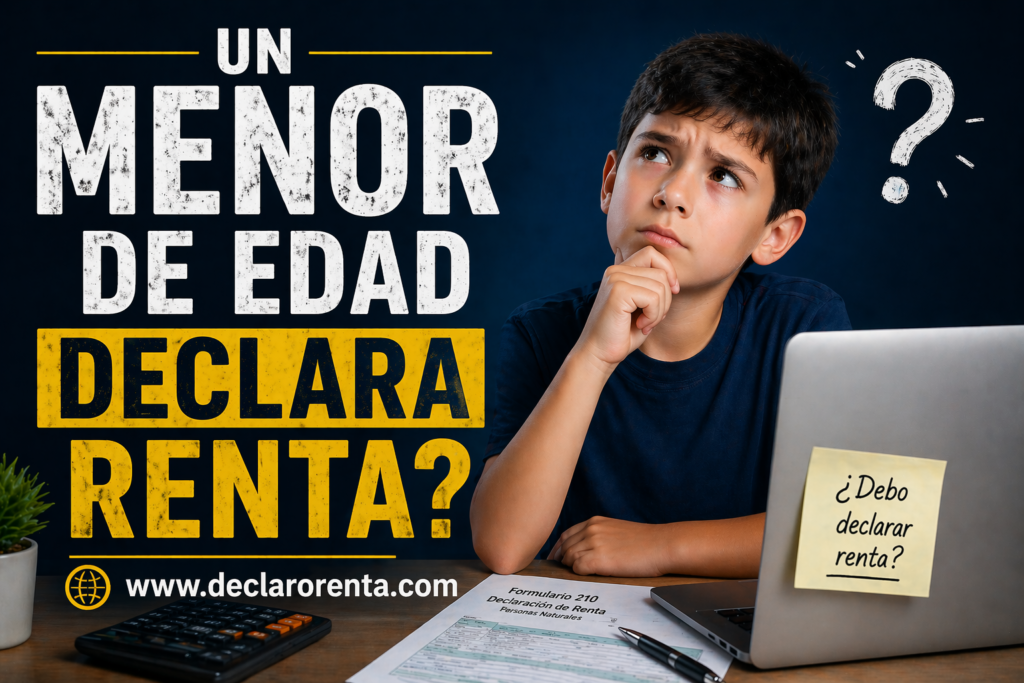 Boy thinking at a desk with a laptop, tax form, and a sticky note that says '¿Debo declarar renta?' on the screen graphic in Spanish, asking about taxes.