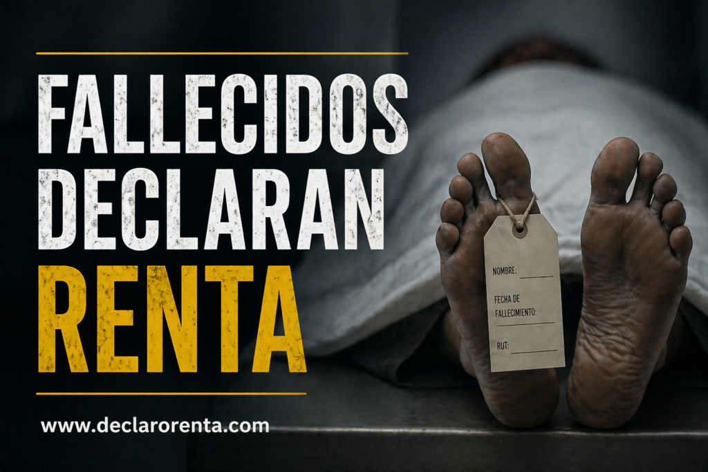 Spanish-language banner: large text 'FALLECIDOS DECLARAN RENTA' beside a deceased person with a death tag on the foot, promoting www.declarorenta.com